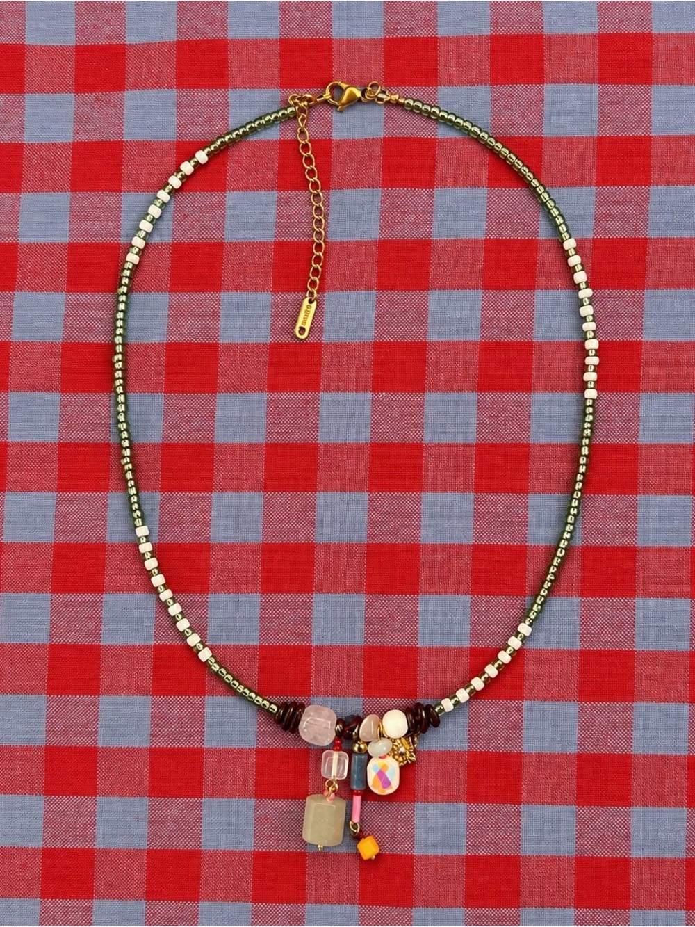 Multicolor Beaded Charm Necklace with Green Accents - Women Jewelry